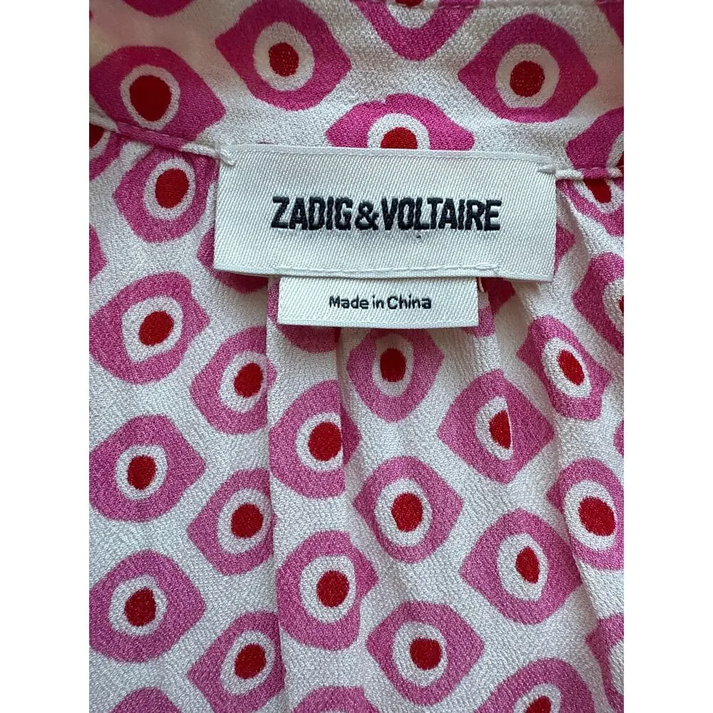 Zadig & Voltaire Rito Eyes Dress Pink White Cap Sleeve Floral Ruffle Size Large